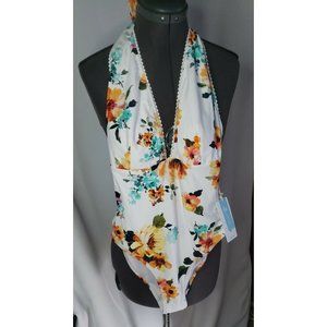 Cupshe Women's Floral Plunge Halter Tie Waist One Piece Swimsuit NWT Small